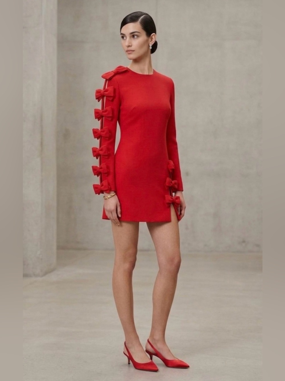 Red Long-Sleeve cut out Mini Dress with Decorative Bows